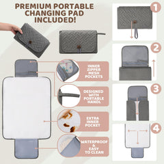 Noiclub gray diaper bag backpack interior with 16 pockets enables quick-access organization.