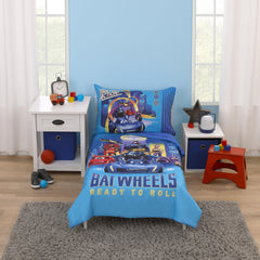 NoJo Batwheels bedset comforter closeup in blue and yellow for cozy playtime bedtime