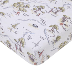 NoJo Disney Winnie the Pooh map crib sheet close-up shows 100 Acre Wood design for cozy nights