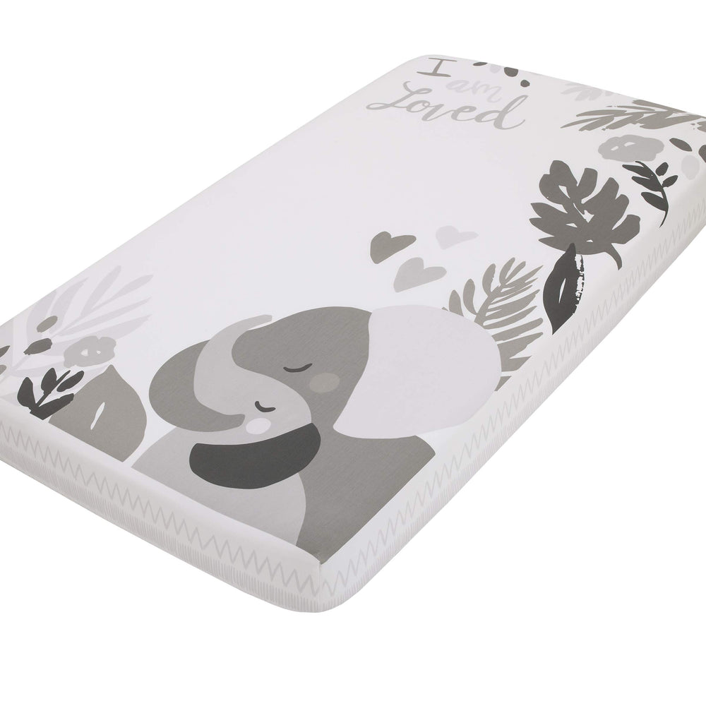 NoJo Elephant Hugs crib sheet closeup shows soft cotton texture for gentle nights.