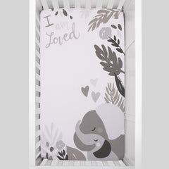 NoJo Elephant Hugs fitted crib sheet fits standard crib mattresses snugly with elastic.