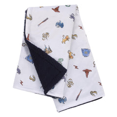 NoJo Harry Potter Welcome Little Wizard blanket back in navy sherpa for plush warmth