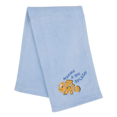 NoJo light blue plush fabric blanket offering soft cuddles for nap time.