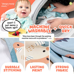Nombear long sleeve bib with button fastening provides quick setup at mealtime.