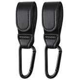 Noneea stroller hook belt and hook close-up showing durable matte black aluminum and PU leather.