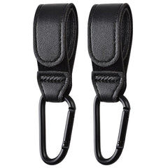 Noneea stroller hook belt and hook close-up showing durable matte black aluminum and PU leather.