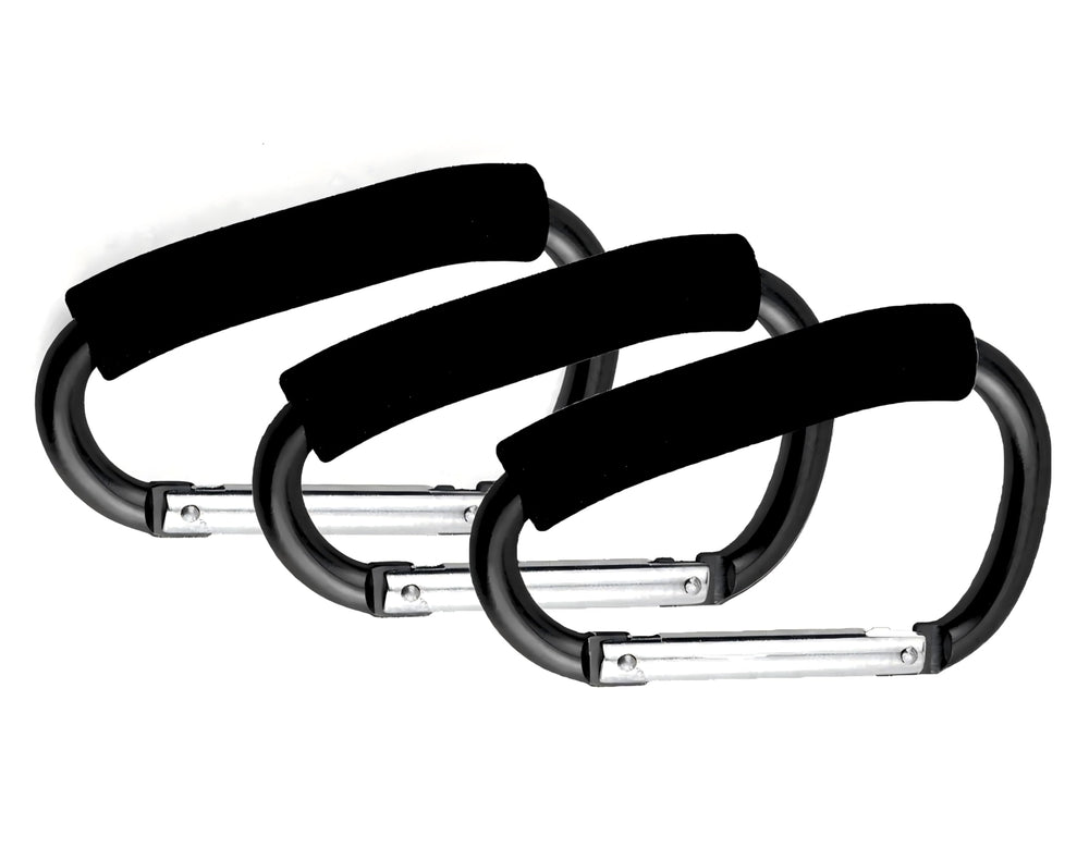 Noneea stroller hooks 3pack displayed with ample space for bags and essentials.