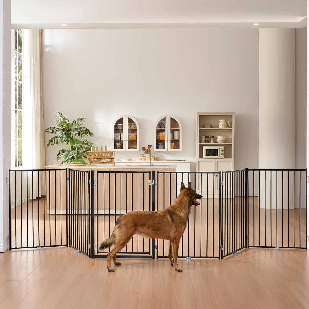 No Pawblems free-standing dog gate blocks stairs in hallway.
