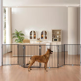 No Pawblems free-standing dog gate blocks stairs in hallway.