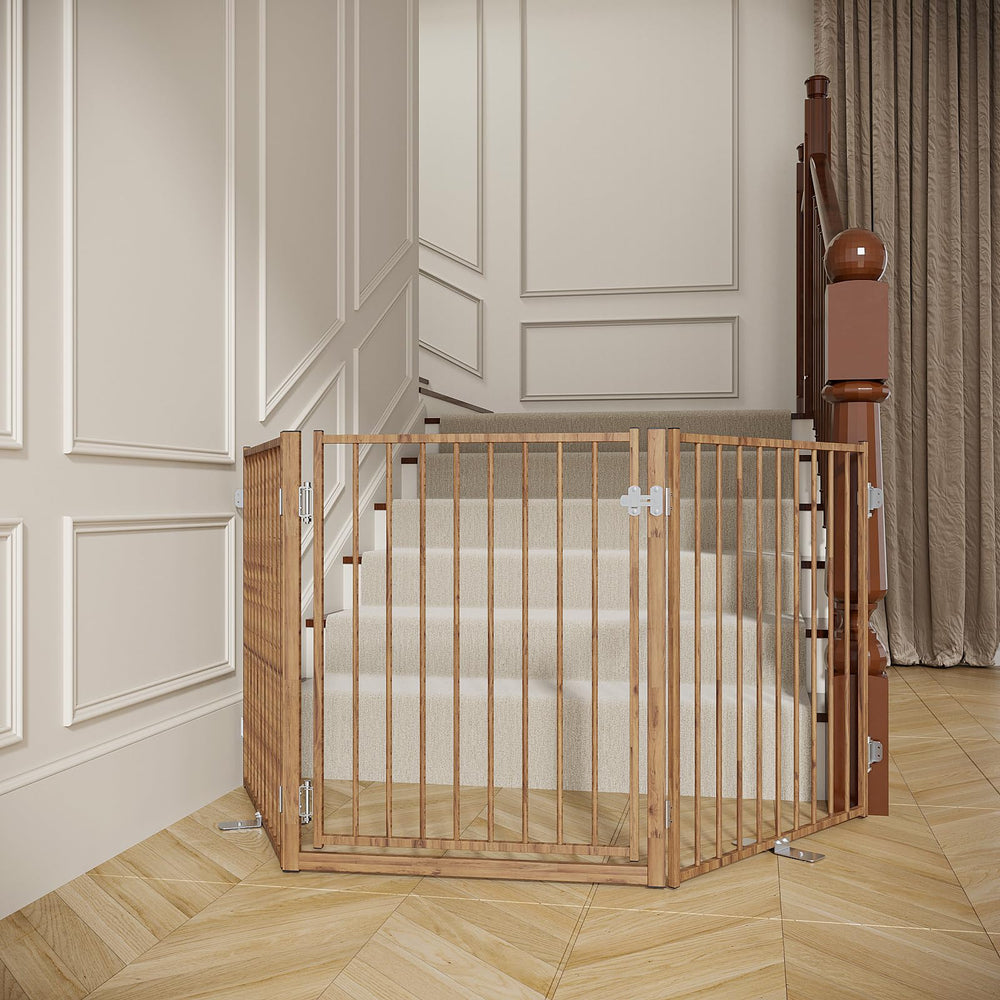 No Pawblems wood-pattern dog gate with door blocks stairs safely for indoor use