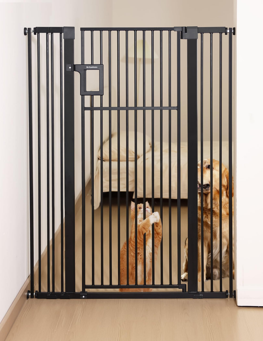 No Pawblems Upgraded 55in gate assembly demonstrates a sturdy, tall barrier for pets.