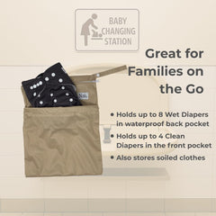 Nora's Nursery wet dry bag with snap handle clips to a stroller for hands-free use.