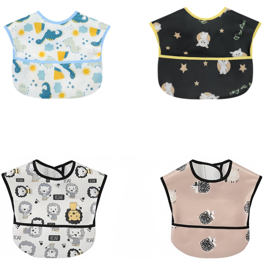 norinori waterproof baby bib showing a deep pocket that catches spills during meals.