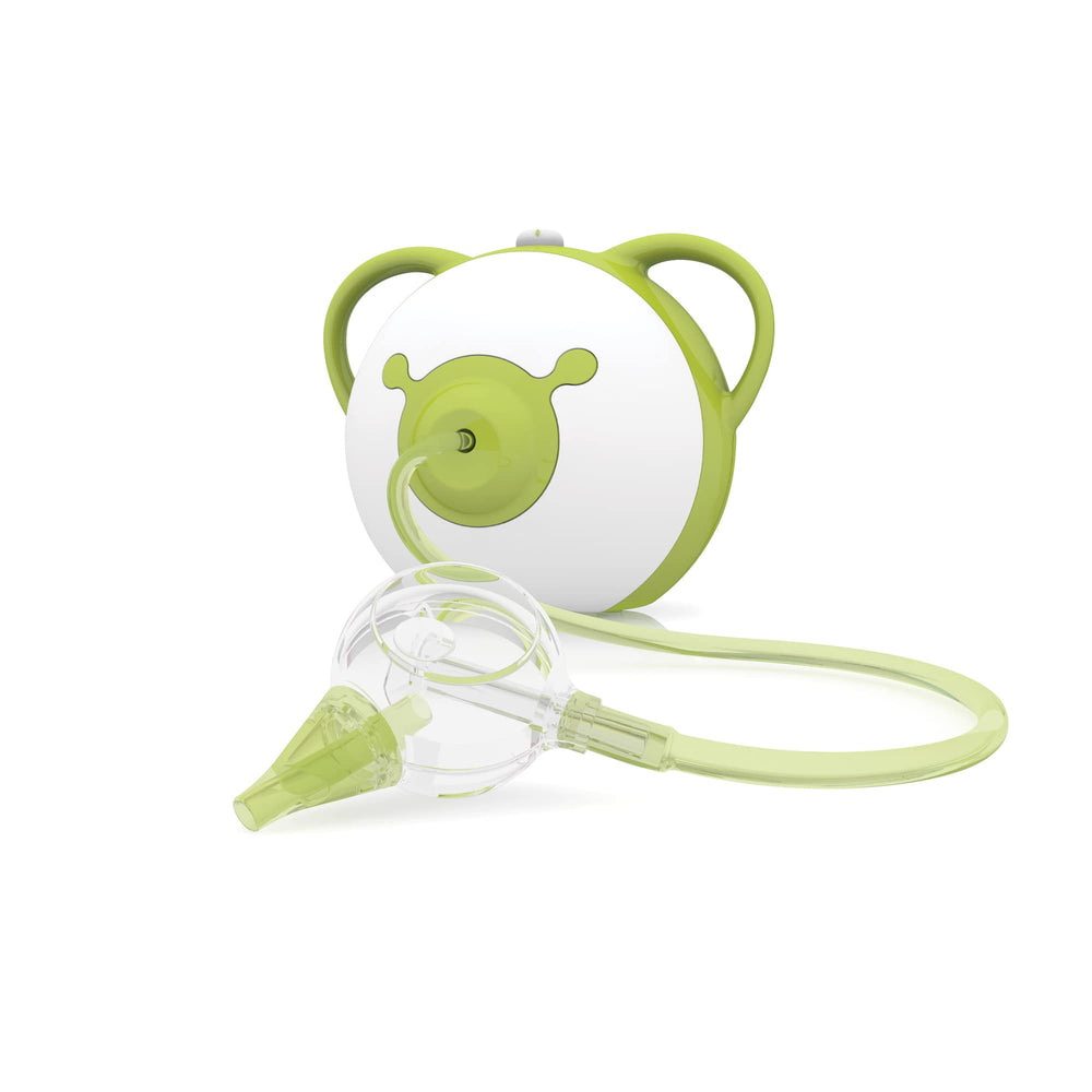 Nosiboo Pro nasal aspirator in use on a baby for gentle relief.