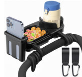 NOTEZMATE stroller snack tray in action showing secure cup holder for on-the-go drinks.