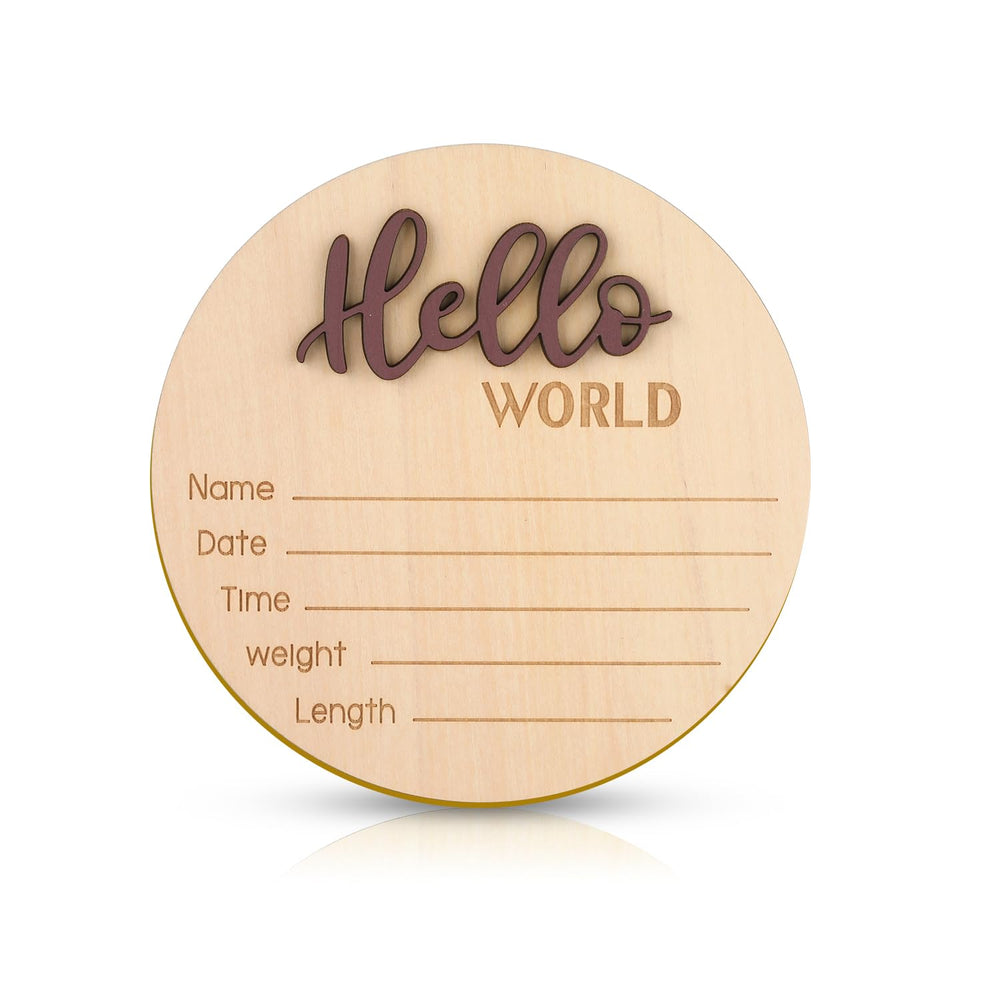 NQEUEPN baby announcement sign with Hello World engraving for newborn photo props.