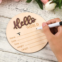 NQEUEPN Hello World sign shows natural wood texture and smooth finish.