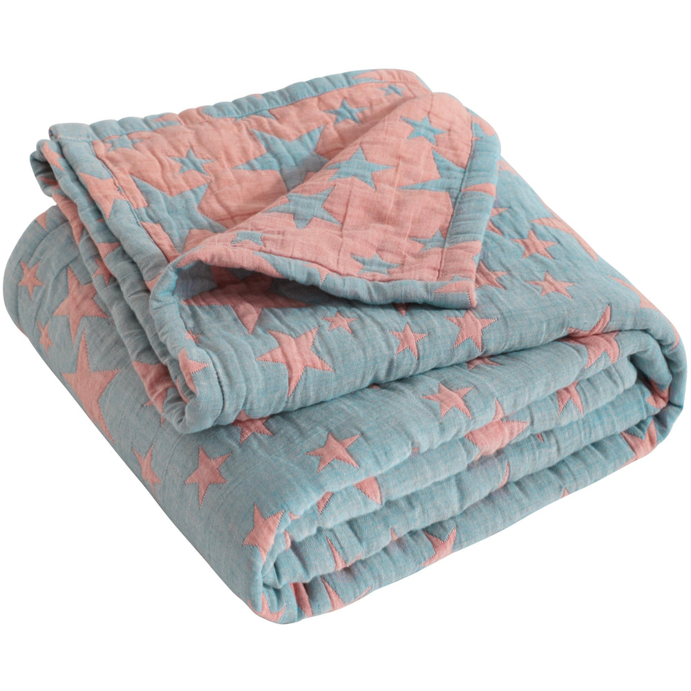 NTBAY 3 Layer Toddler Blanket blue star pattern front for cot and stroller.