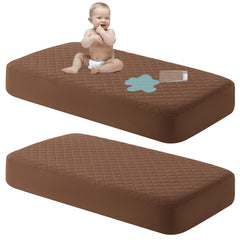 NTBAY mini-crib mattress protector 24x38 brown protects against spills while remaining quiet.