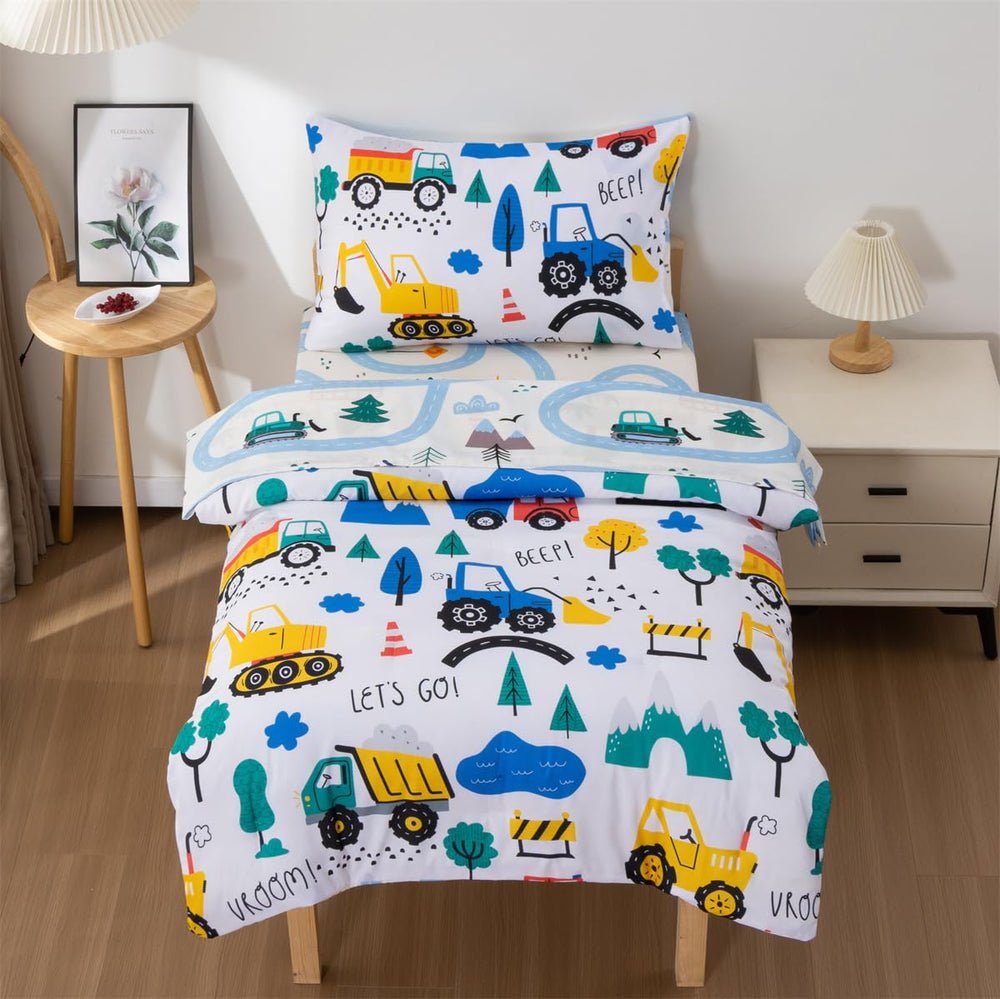 NTBED 4-piece construction toddler bedding set packshot shows durable microfiber comfort