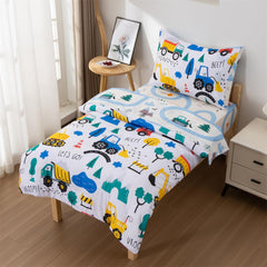 NTBED flat top sheet pattern view emphasizes playful construction-vehicles print