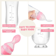 Nuanchu pink feeding spoon shows filterable food for gentler meals.