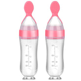 Nuanchu baby spoons pink pack close-up showing soft silicone feeder for easy squeeze feeding.