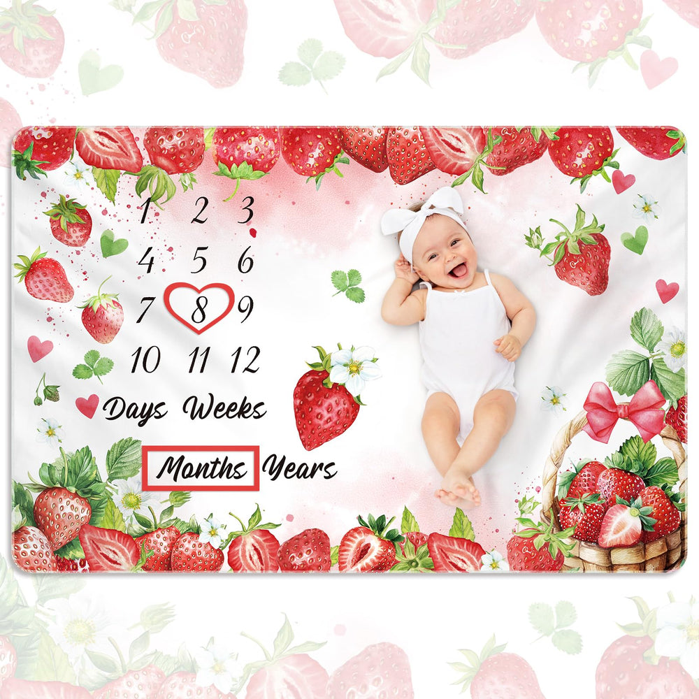 Nuanchu Strawberry monthly milestone blanket close-up shows soft fabric for baby's comfort.
