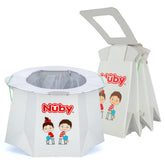 Nuby disposable travel potty folded for compact packing and easy portability.