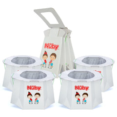 Nuby disposable travel potty liner packaging for easy transport and mess containment.