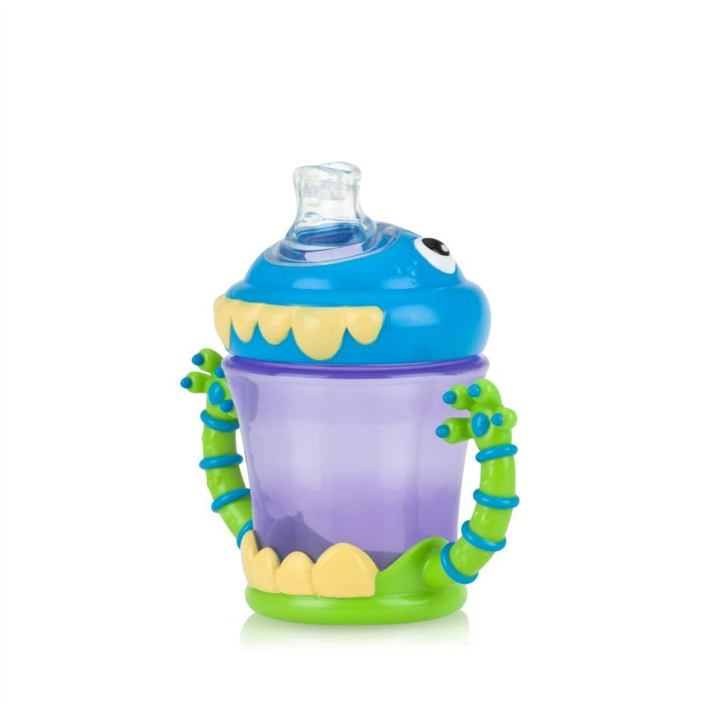 Nuby iMonster no-spill cup 7oz demonstrates spill-proof design for mess-free sipping.