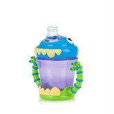 Nuby iMonster no-spill cup 7oz demonstrates spill-proof design for mess-free sipping.