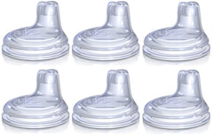 Nuby No Spill Easy Grip spout closeup, soft silicone tip for spill-free sipping.