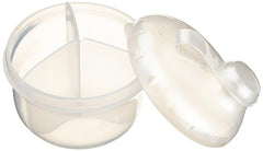 Nuby white three-compartment dispenser with sliding top lid for mess-free access.