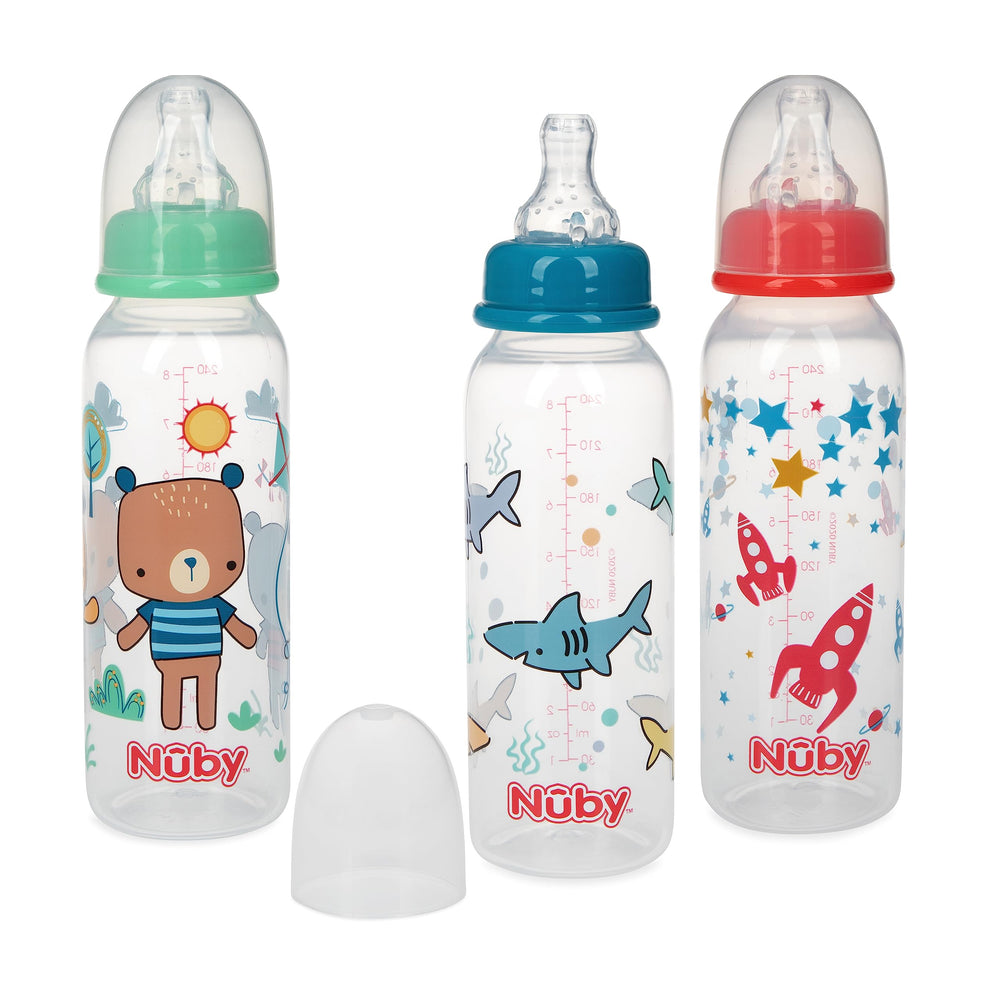 Nuby printed non-drip 8oz bottle 3-pack with blue red green prints for spill-free feeding