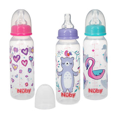 Nuby printed non-drip 8oz bottle with pink purple aqua designs for spill-free feeding