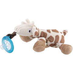 Nuby Snoozie giraffe plush attachment on a pacifier for comforting cuddle moments.