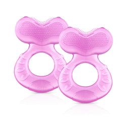 Nuby Teethe-Eez pink fish-shaped teether with bristles soothing gums and stimulating lips.