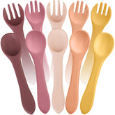 Nuenen baby-led weaning spoons and forks set in bright colors for independent feeding.