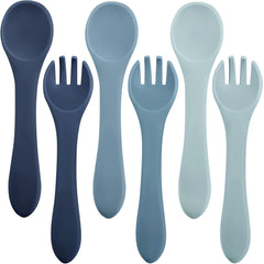 Nuenen Ocean Color feeding set hero—soft silicone utensils for gentle, beginner self-feeding.