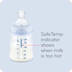 NUK blue elephant design bottle adds engaging visual during feeds.