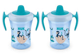 NUK Evolution Soft Spout Learner Cup front view with ergonomic handles for tiny hands.
