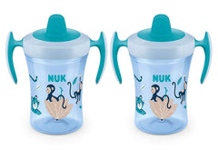 NUK Evolution Soft Spout Learner Cup front view with ergonomic handles for tiny hands.