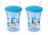 NUK Evolution Straw Cup Blue 8oz Pack 2 hero image shows leak-proof on-the-go use.