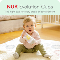 NUK Evolution Straw Cup Blue straw closeup highlights the soft silicone straw for gentle gums.
