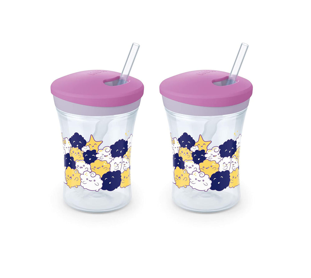 NUK Evolution straw cup with lid-close demonstrates leak prevention on the go.