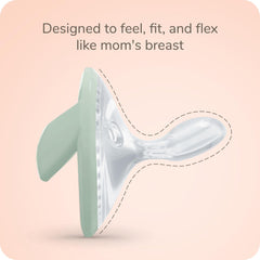 NUK for Nature shield sideview highlighting curved shield for airflow and skin comfort