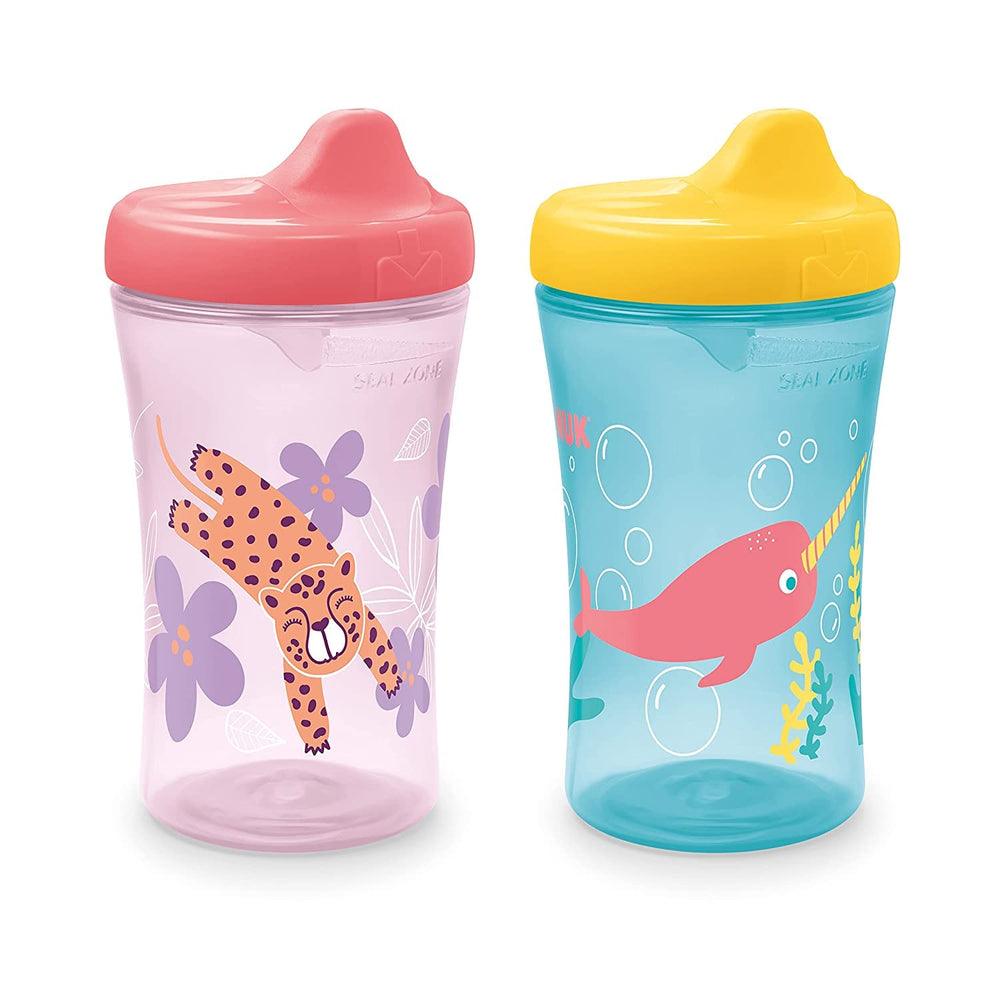 NUK Hide 'n Seek cup front view with whales and tigers promotes independent sipping
