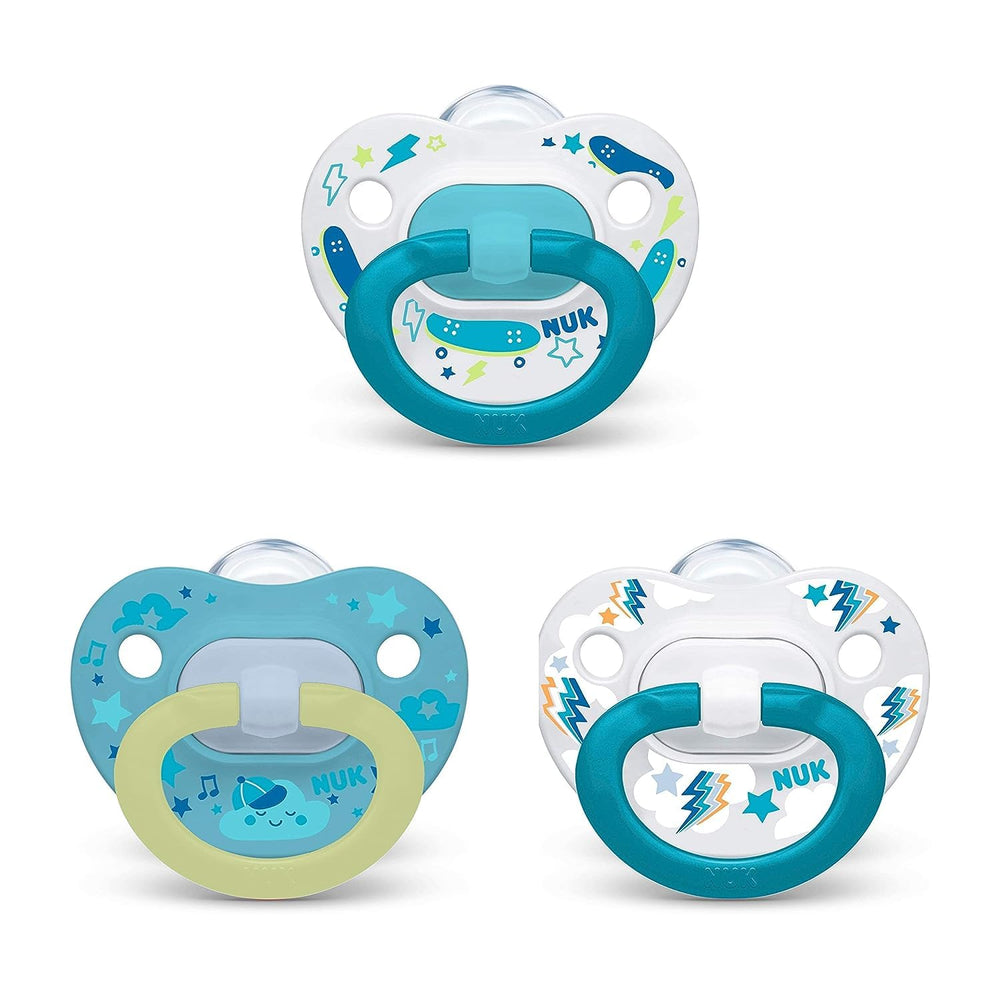 NUK orthodontic pacifier value pack showing three-pack packaging for easy replacement and variety