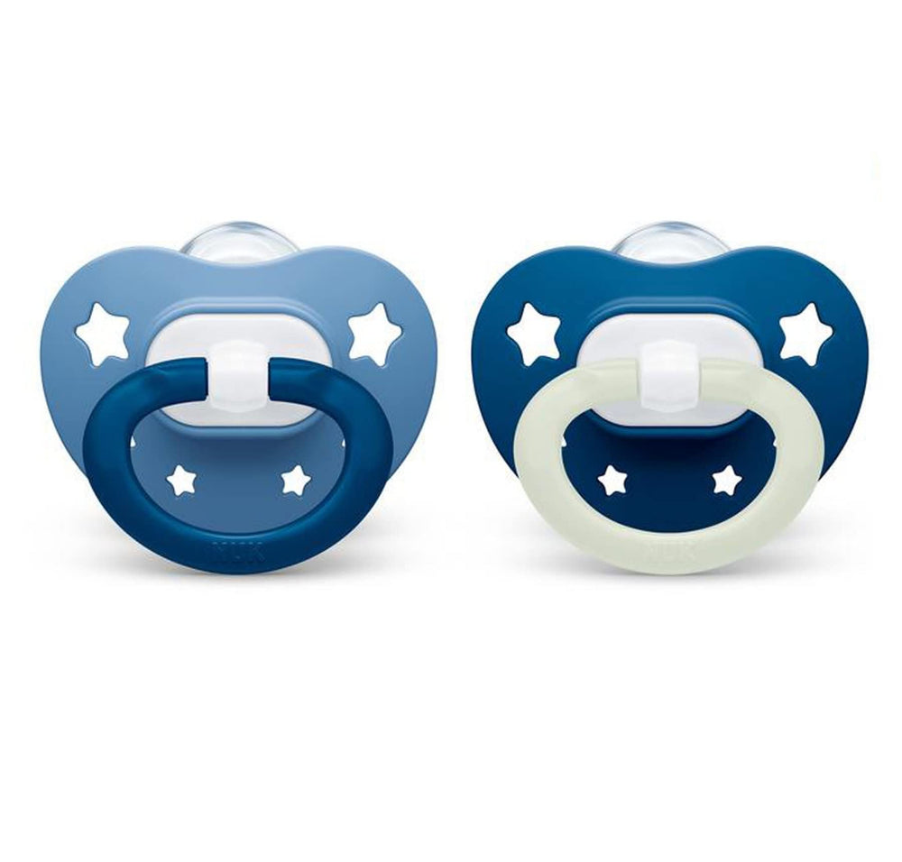 NUK orthodontic pacifier with breast-like nipple soothes baby.